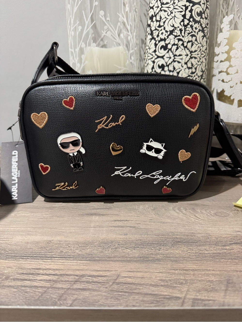 Karl Lagerfeld Black Crossbody with Heart & Character Patches